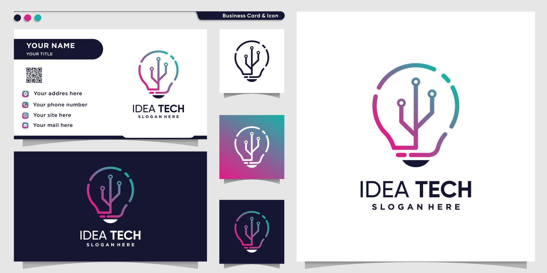 Tech logo with creative idea line art style and business card design template, technology, idea, smart, Premium Vector