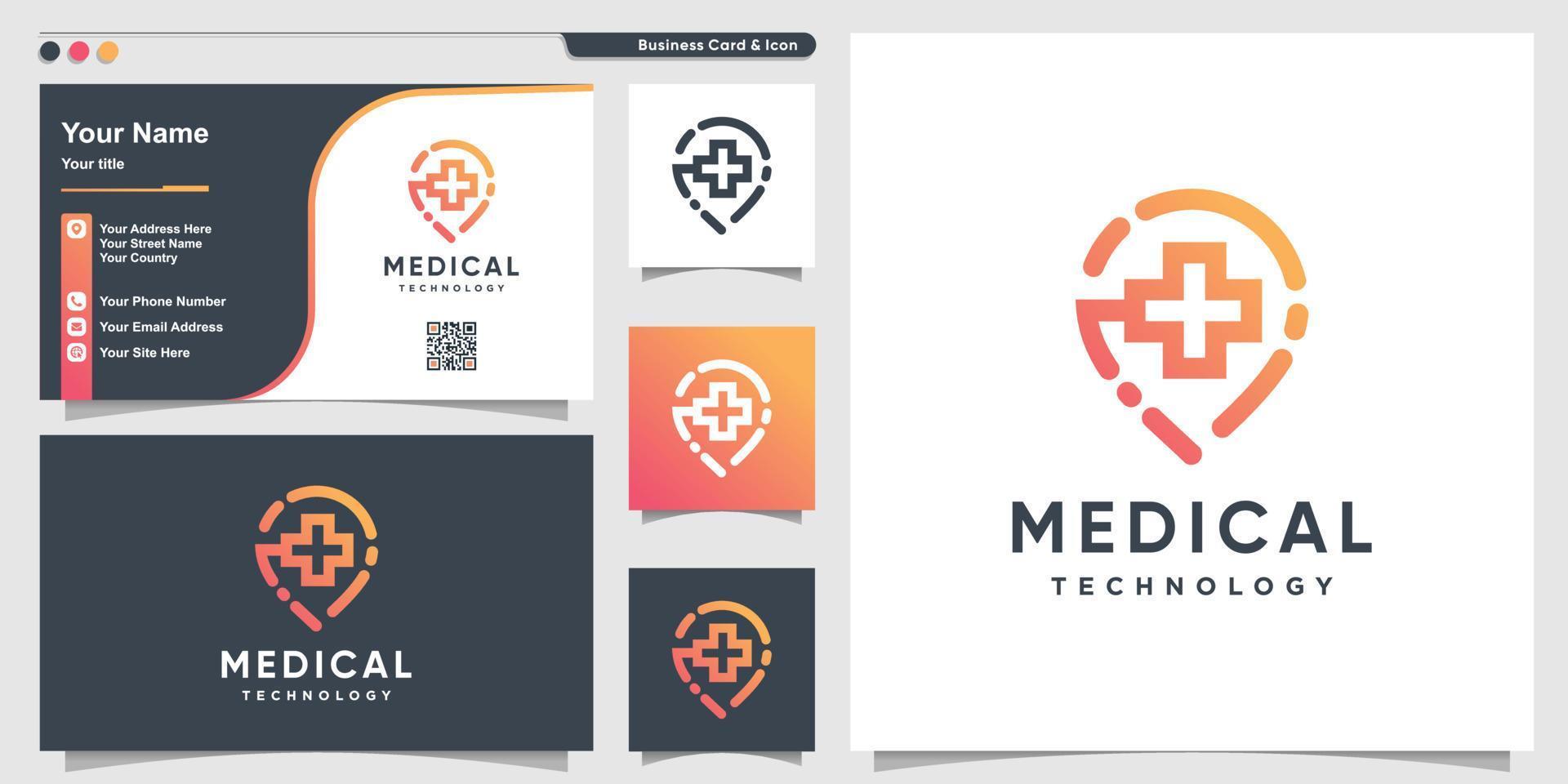 Medical logo with gradient technology line art style and business card design template Premium Vector