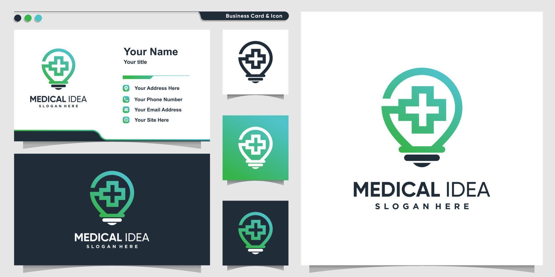 Medical logo with creative idea bulb style and business card design template, cretive, think, smart, Premium Vector