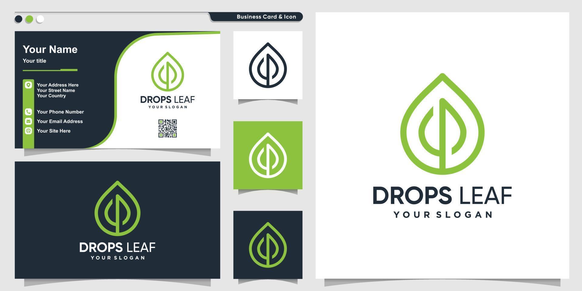 Leaf logo with drop line art style and business card design template Premium Vector