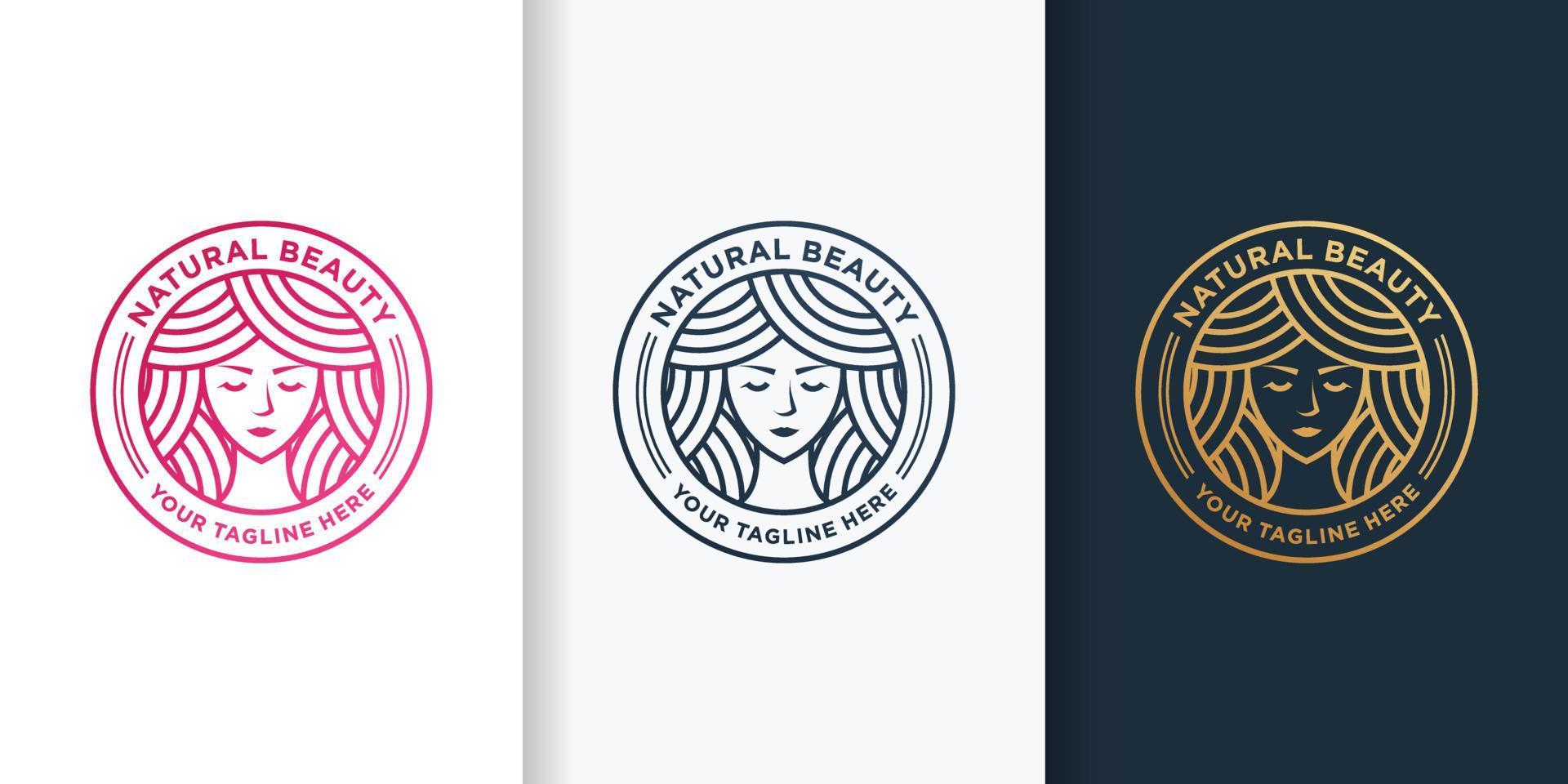 Woman logo with golden beauty maskot line art style and business card design template Premium Vector
