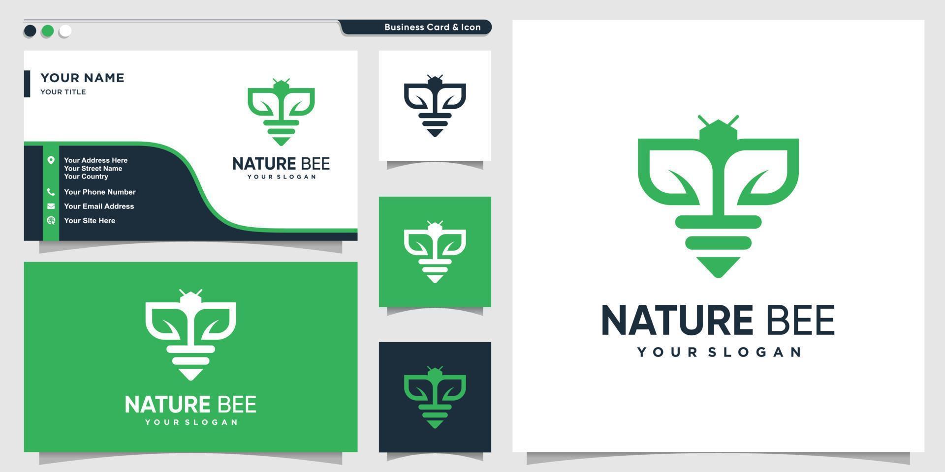 Bee logo with unique green nature concept and business card design template Premium Vector