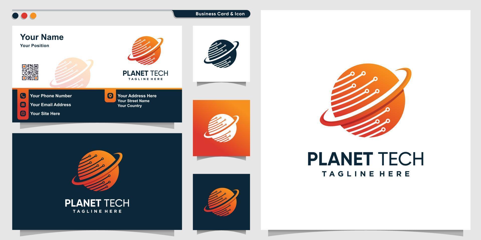 logotipo del planeta con estilo de tecnología degradada y plantilla de diseño de tarjeta de visita vector premium
