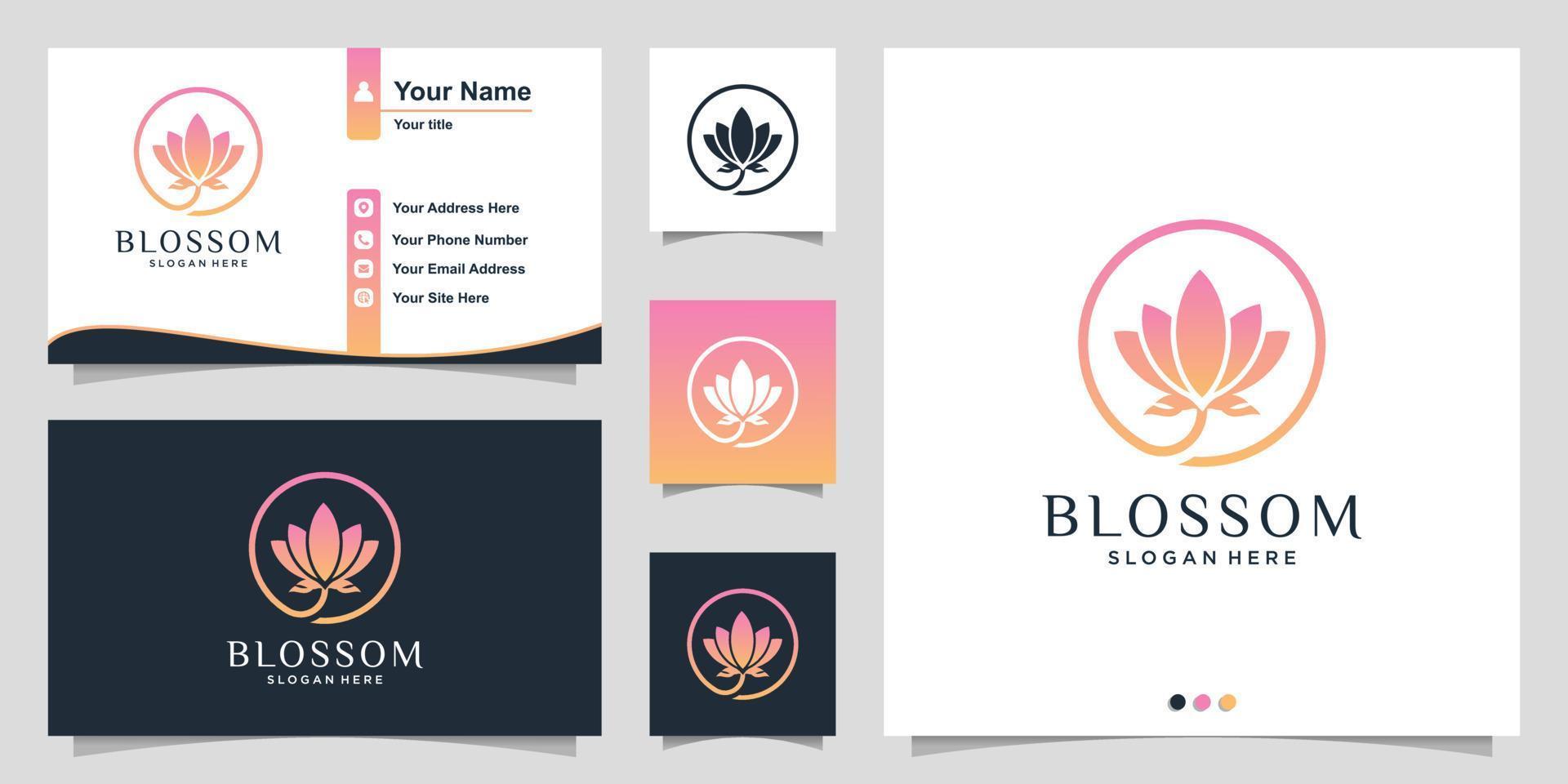 Blossom logo with modern gradient line art style and business card design template Premium Vector