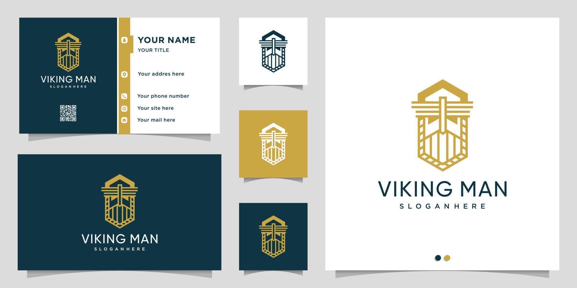 logotipo de hombre vikingo con estilo de arte de línea y plantilla de diseño de tarjeta de visita vector premium