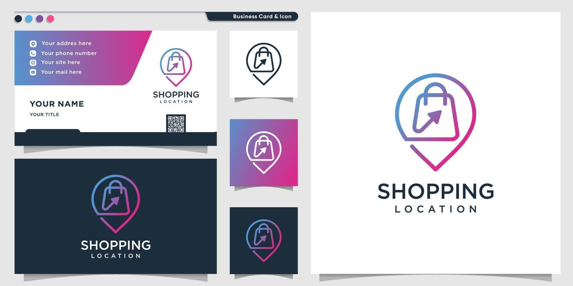 Shopping logo with line art location style and business card design template Premium Vector