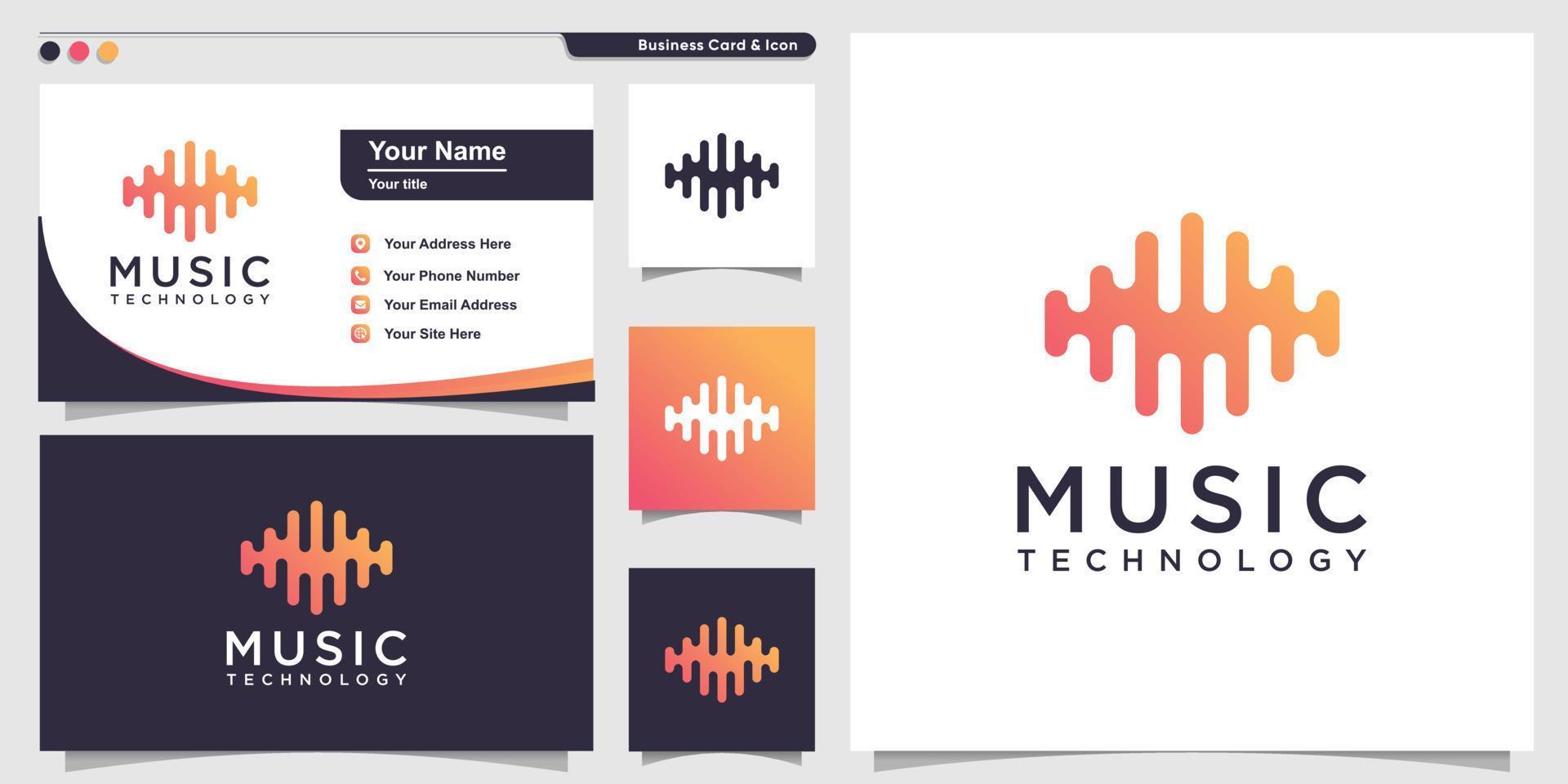 Music logo with gradient technology line art style and business card design template Premium Vector