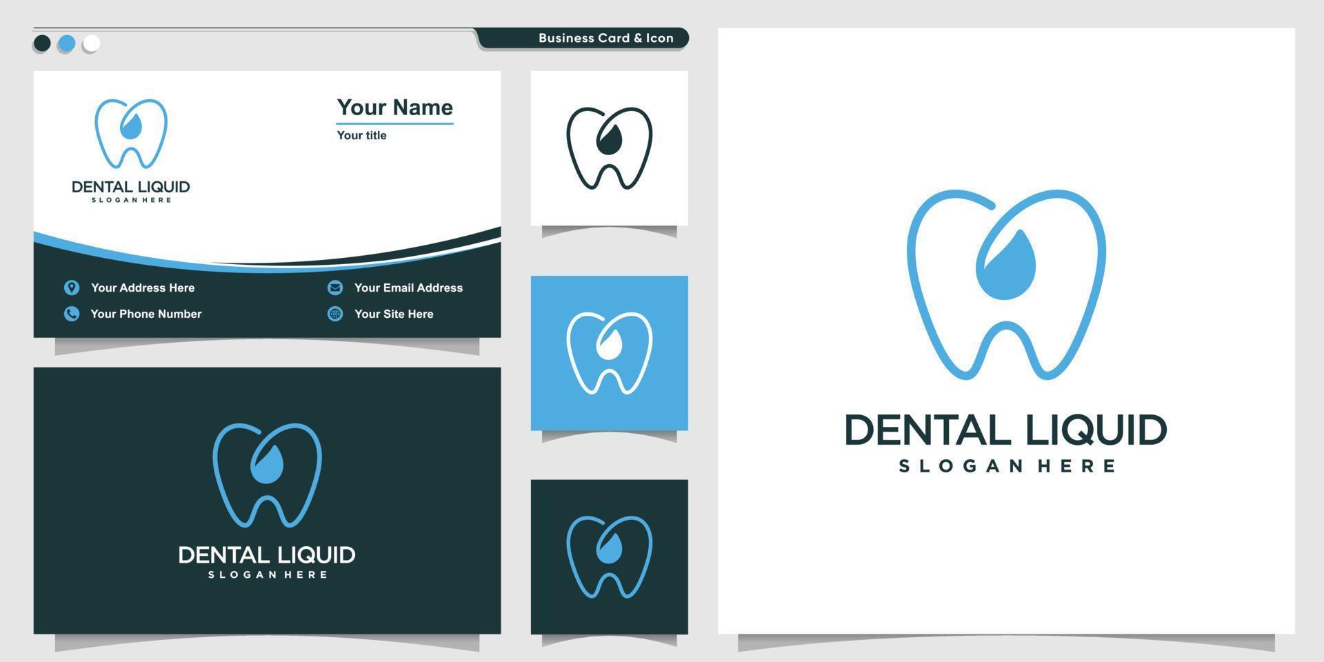 logotipo dental con estilo de arte de línea de agua líquida y plantilla de diseño de tarjeta de visita vector premium