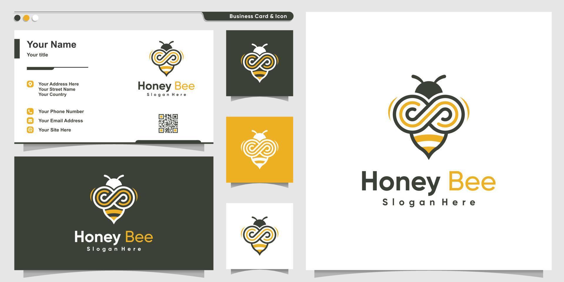 Honey bee logo with infinity line art style and business card design Premium Vector