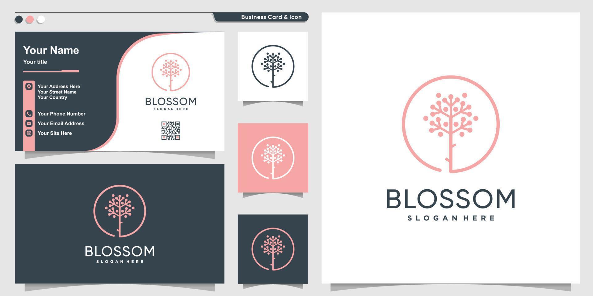 Blossom logo with modern beauty line art style and business card design Premium Vector
