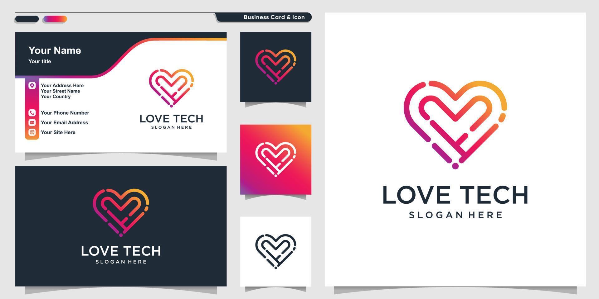 Love logo with technology line art style and business card design Premium Vector