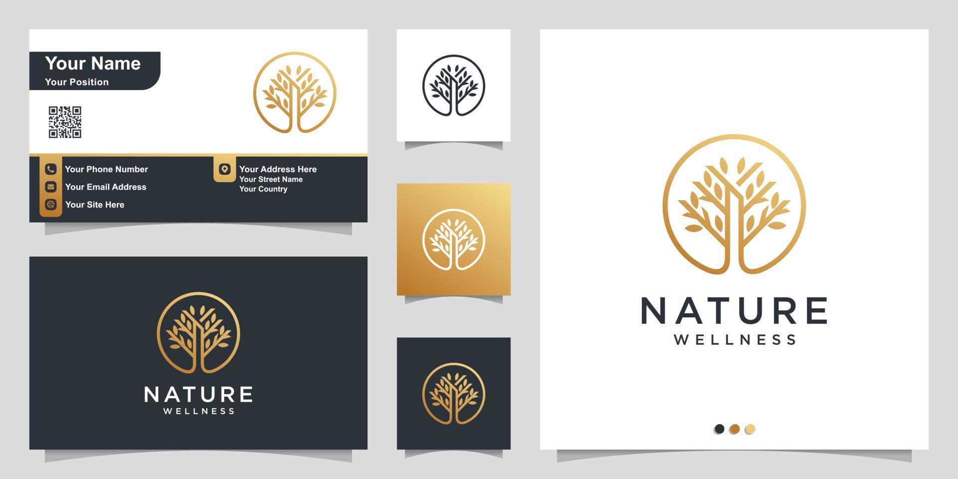 Nature logo with simple golden tree concept and business card design Premium Vector