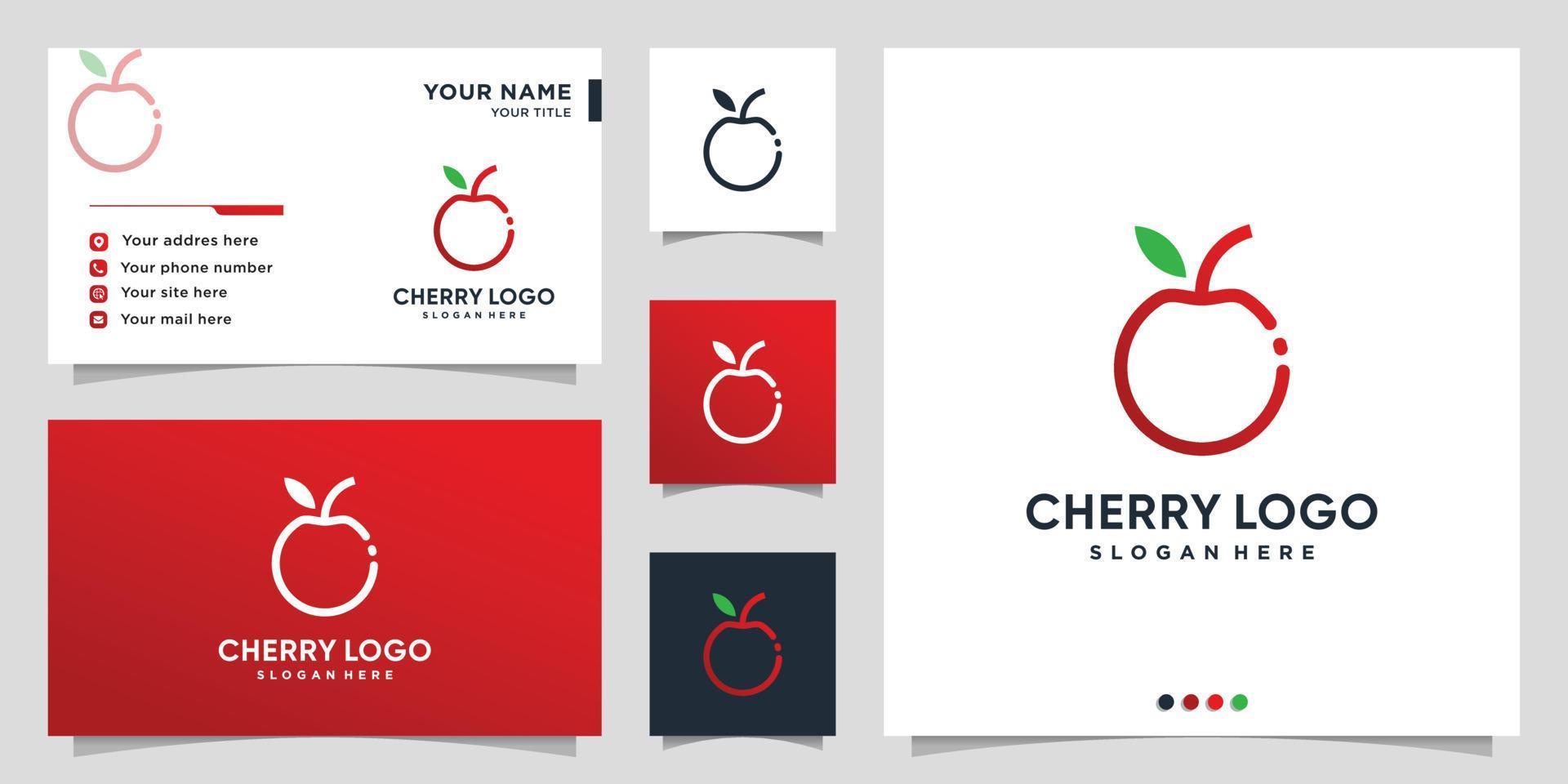 Cherry logo with gradient line art style and business card design Premium Vector
