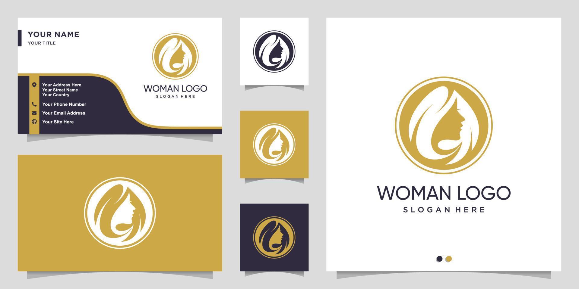 logotipo de mujer con concepto moderno de peluquería y plantilla de diseño de tarjeta de visita vector premium