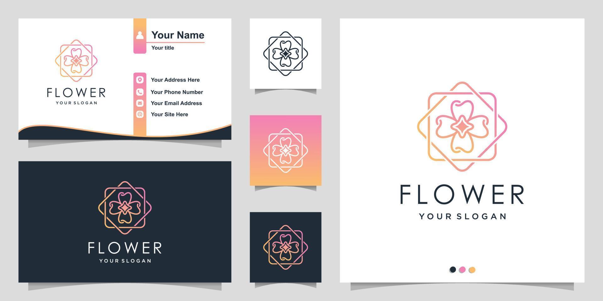 Flower logo with modern line art style and business card design template Premium Vector