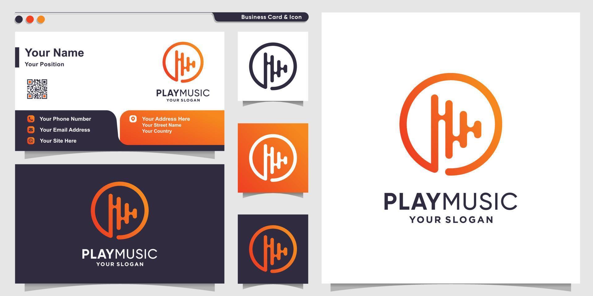 Music logo with gradient play line art style and business card design template Premium Vector