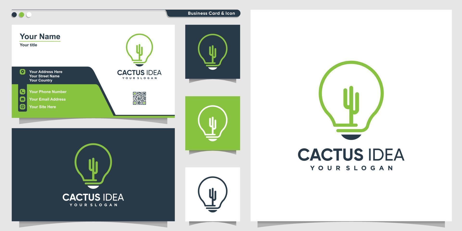 Cactus logo with idea line art style and business card design, template, plant, smart Premium Vector