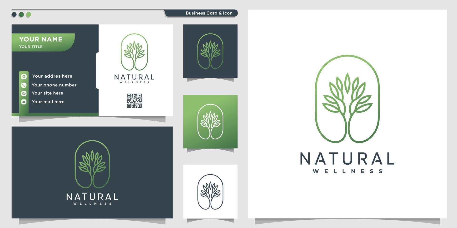 logotipo natural con estilo de arte de línea de árbol único y diseño de tarjeta de visita premium vector