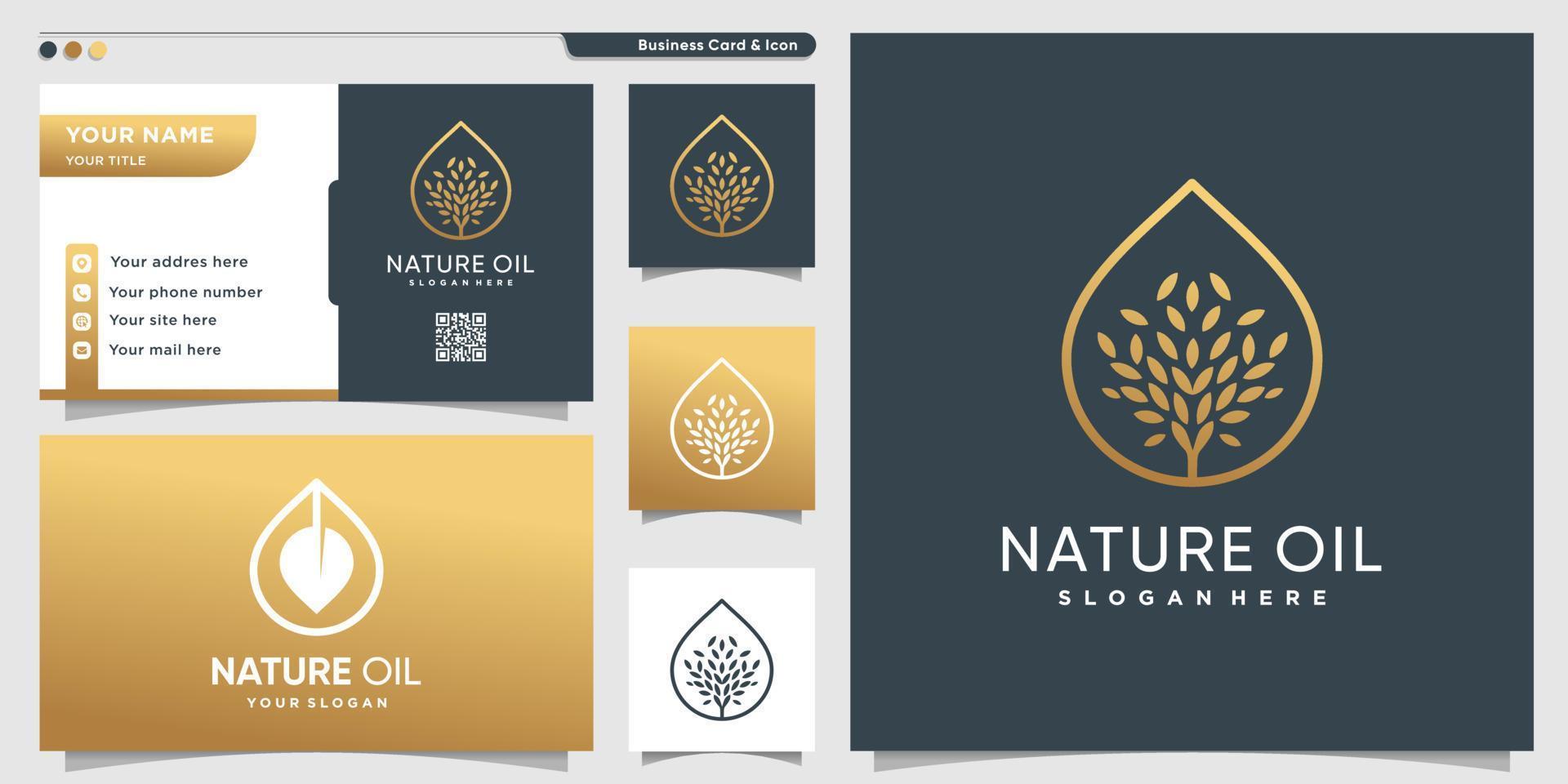 Nature oil logo with golden tree inside line art style and business card design Premium Vector