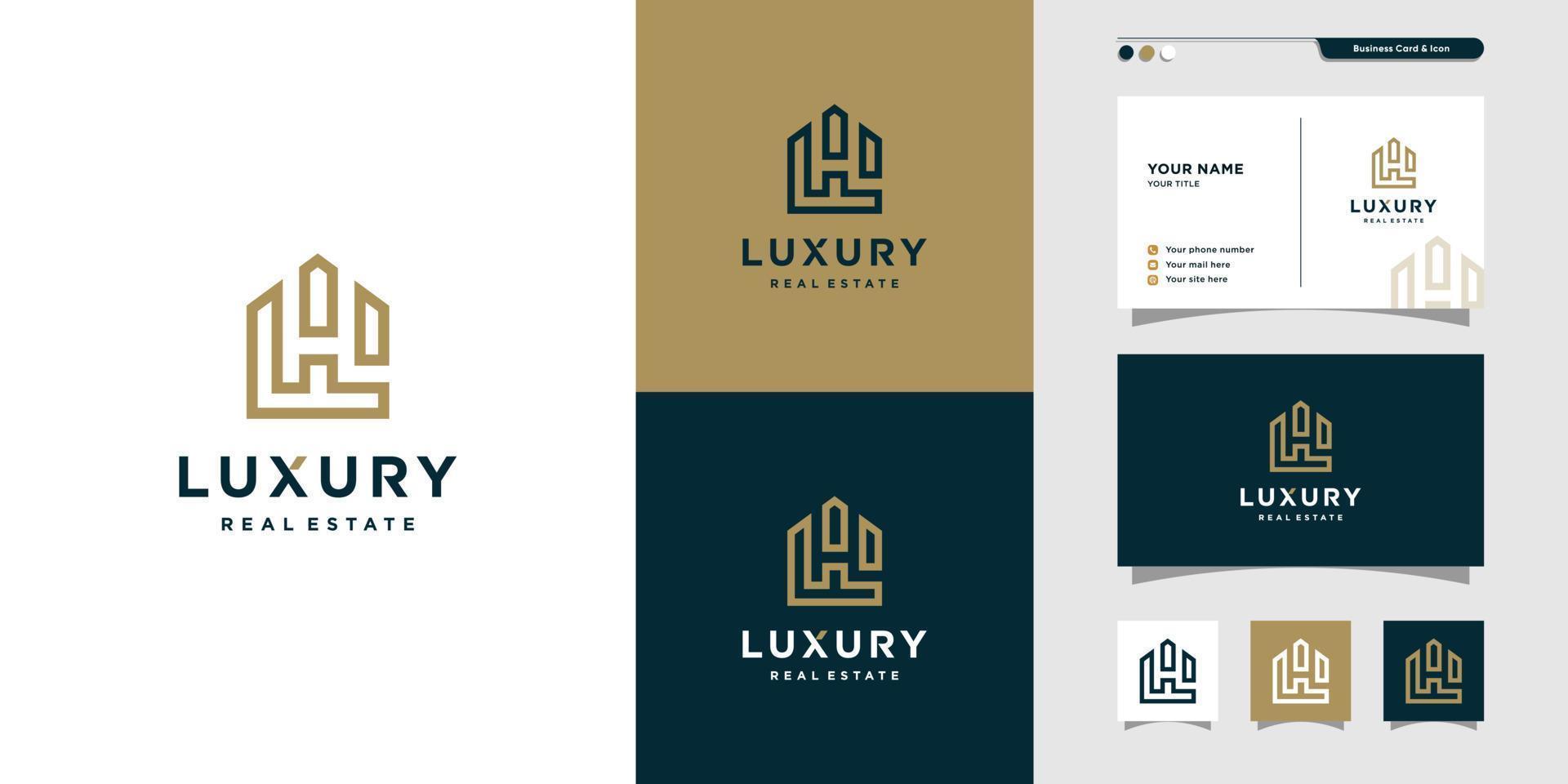 logotipo inmobiliario de lujo y diseño de tarjeta de visita, diseño de tarjeta de visita, moderno, dorado, edificio, vector premium de construcción