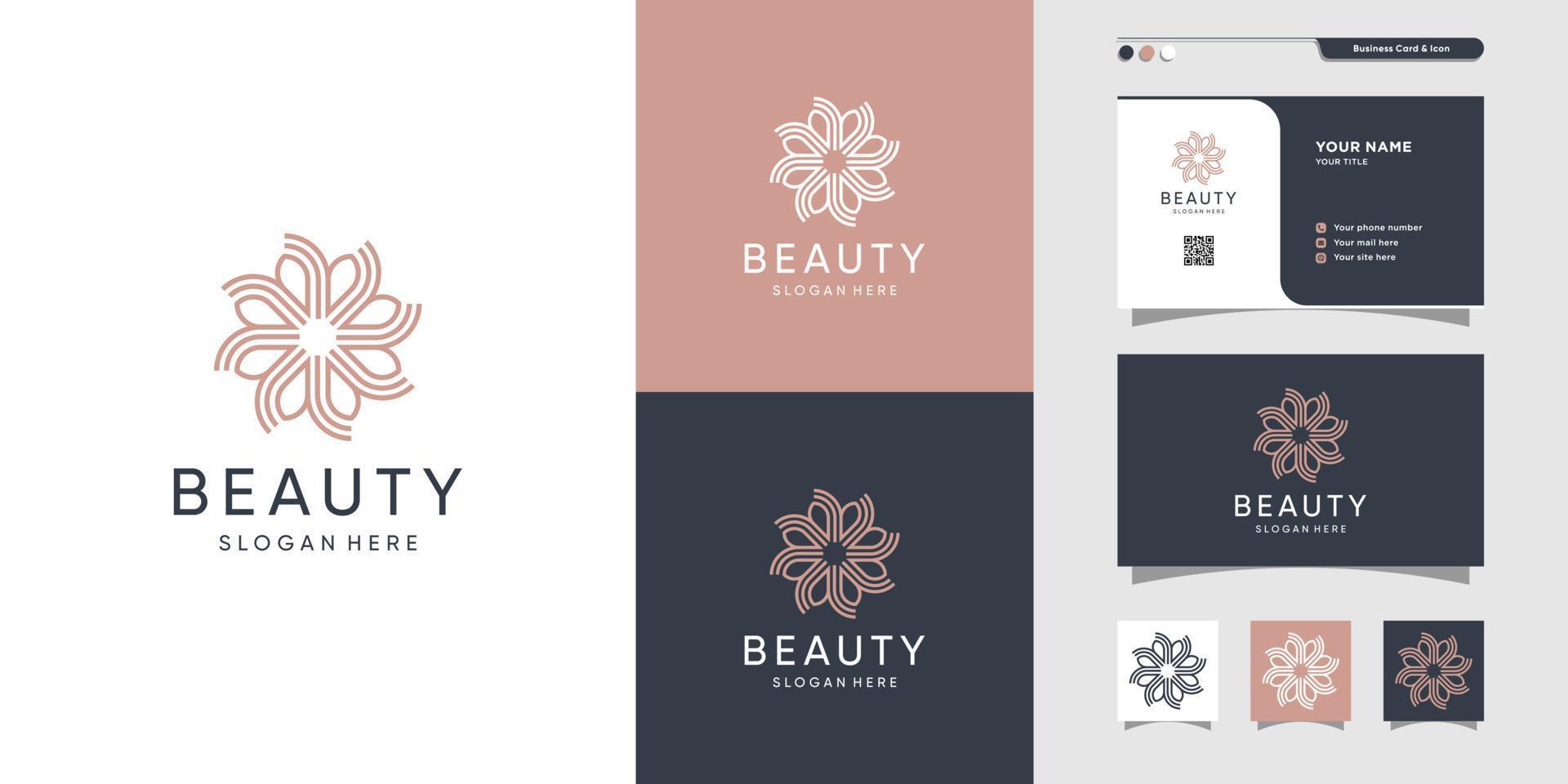 Beauty logo and business card with line art design. Beauty, fashion, salon, spa, yoga, flower Premium Vector