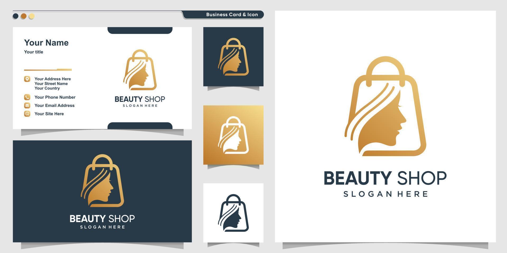 logotipo de tienda para equipos de mujeres con estilo dorado de belleza y plantilla de diseño de tarjeta de visita vector premium