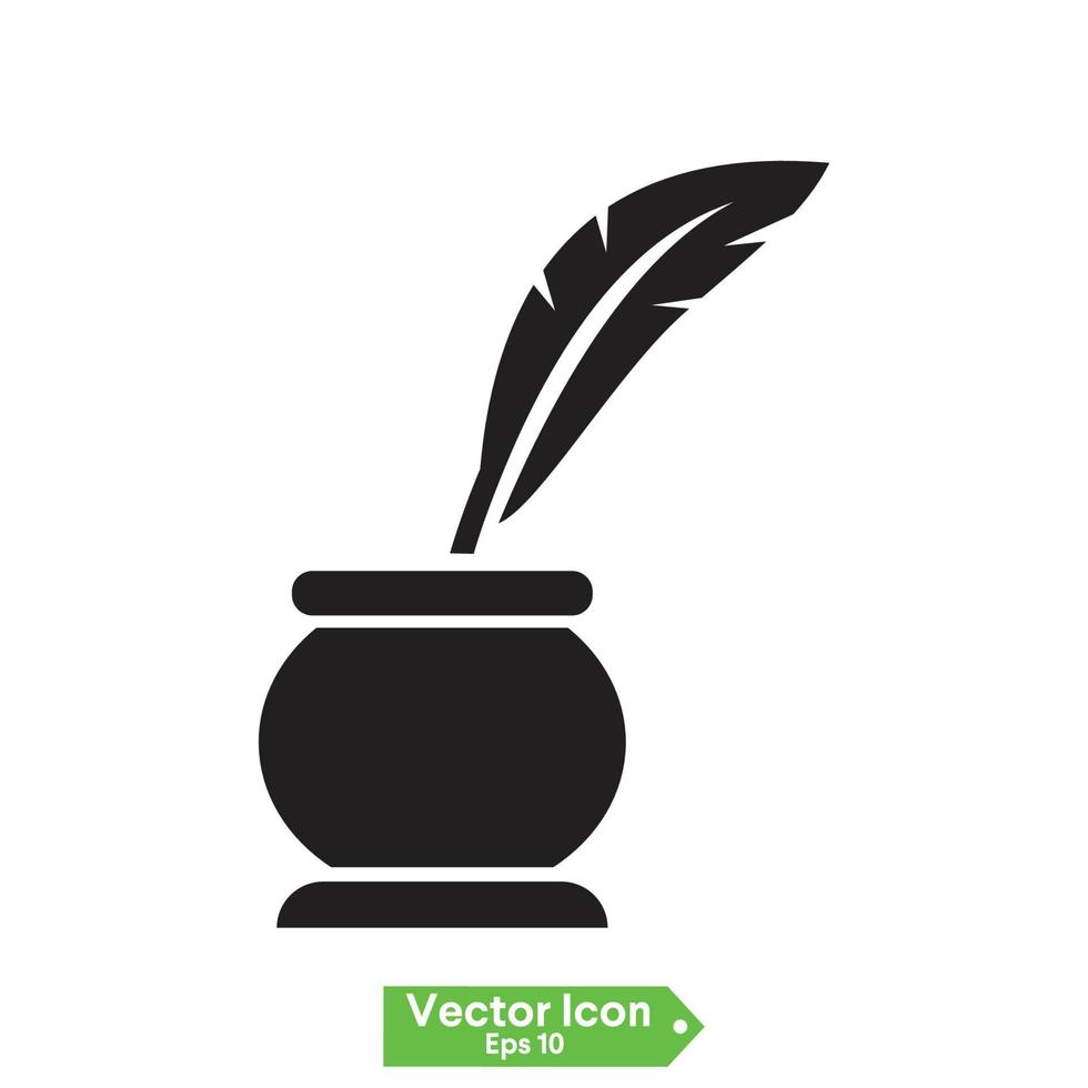 Feather with ink. Inkwell and feather logo on white background vector