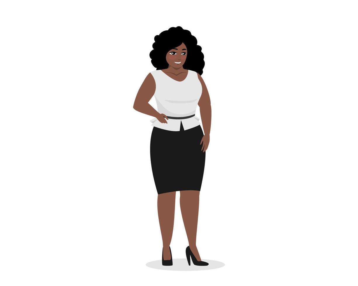 atractiva mujer de negocios negra gordita de pie en ropa de oficina elegante. Mujer de negocios afroamericana con sobrepeso y cuerpo de talla grande. mujer exitosa con cuerpo positivo. chica adulta gorda con curvas vector eps