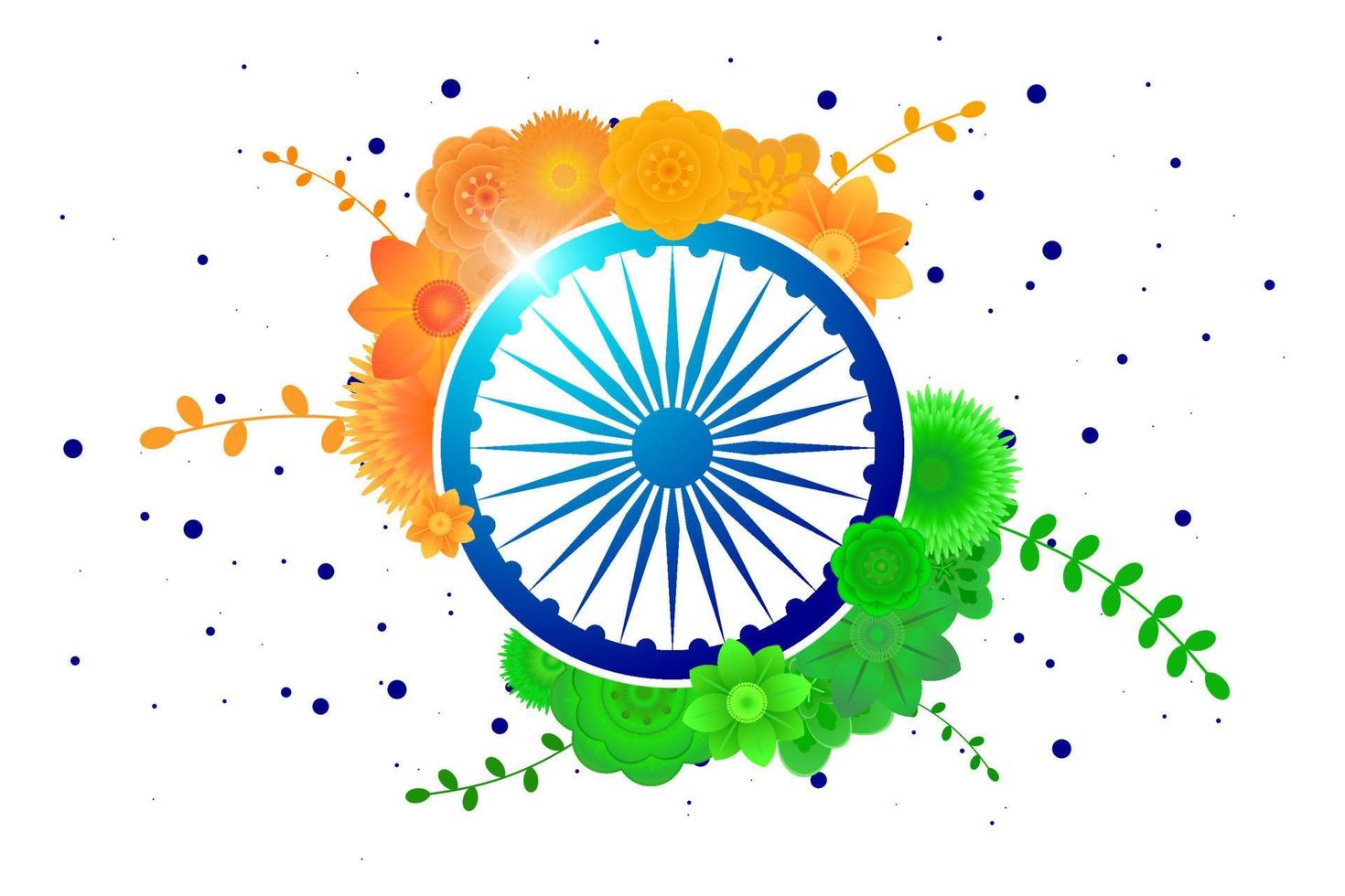 Indian independence 15 august or republic day 26 january banner. India country national holiday flyer. Celebration poster of flowers in flag colors with wheel symbol. Vector illustration