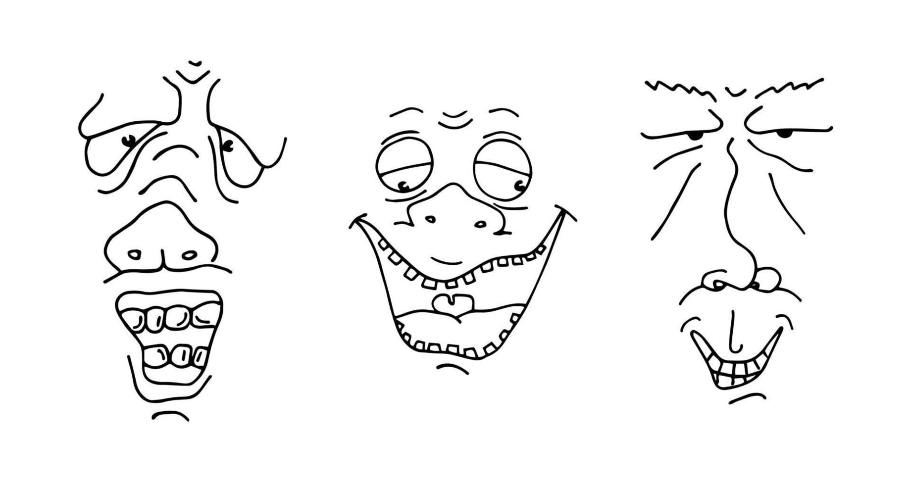 Ugly man face drawing sketch set. Hand drawn outline doodle cartoon