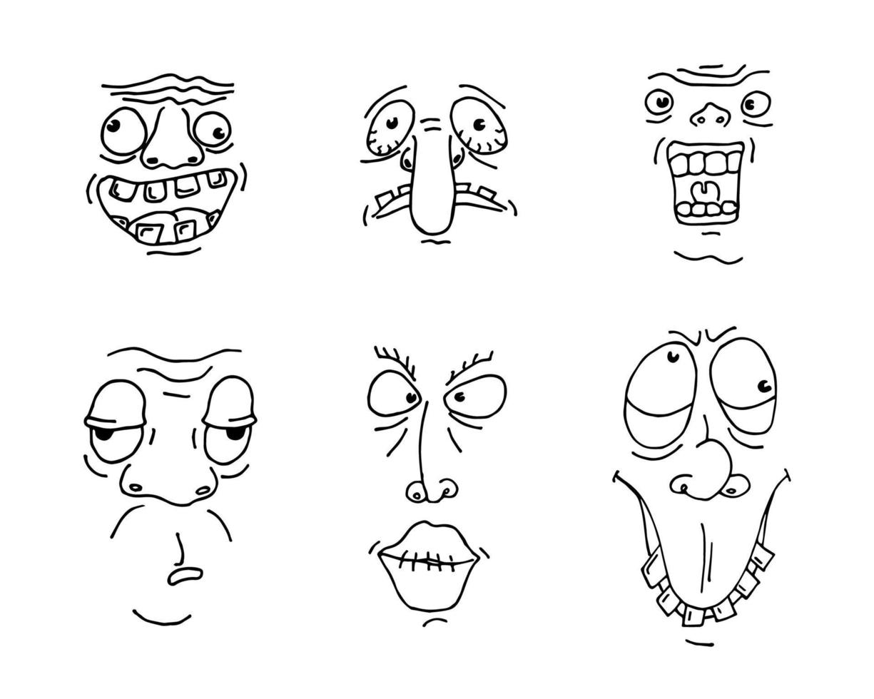 conjunto de bocetos de dibujo de cara de hombre feo. contorno dibujado a mano doodle dibujos animados freak personaje mueca colección. diferentes avatares de retratos de personas locas. ilustración de pasos vectoriales vector