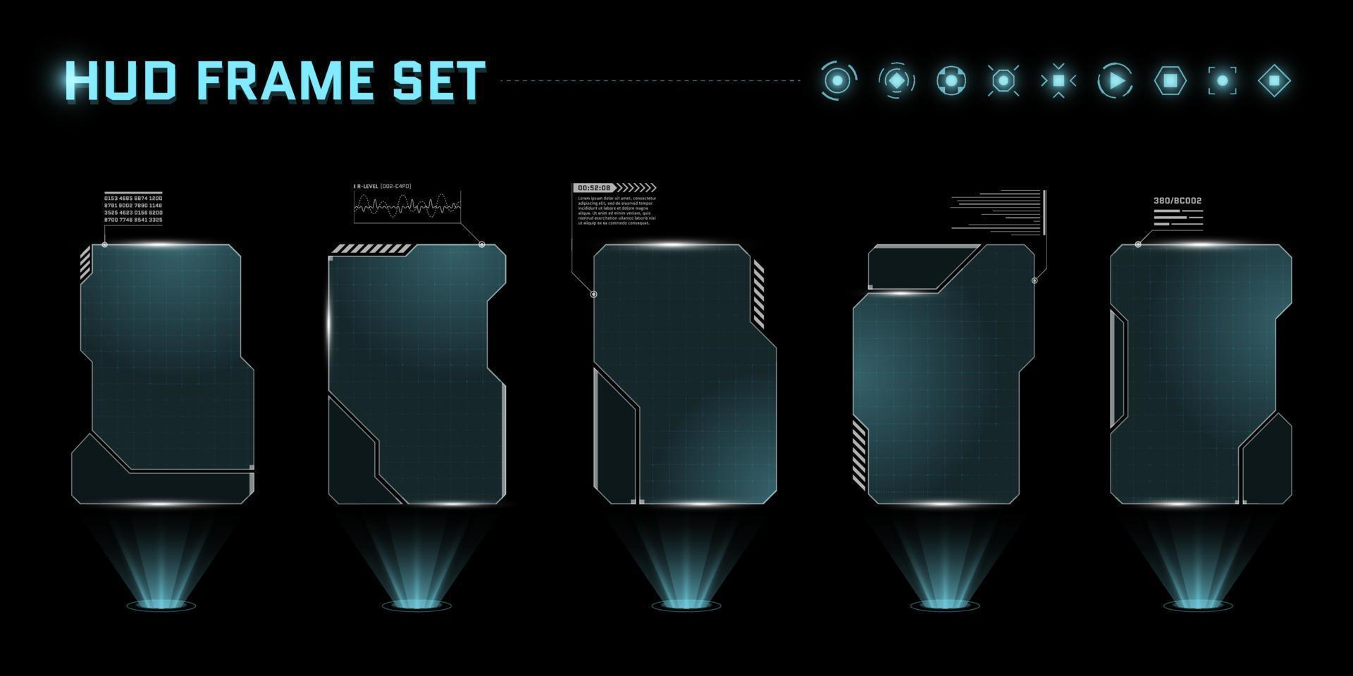 conjunto de marcos cuadrados de interfaz de usuario futurista digital hud. pantallas de alta tecnología de ciencia ficción. menú de juegos tocando paneles de tablero de holograma de monitoreo. ciber espacio head-up display tecnología información señales vector