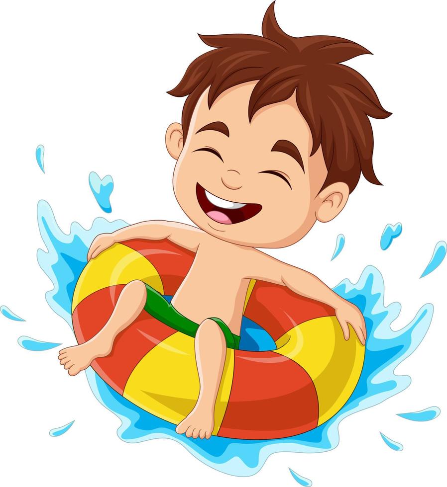 niño pequeño de dibujos animados divirtiéndose en la piscina vector