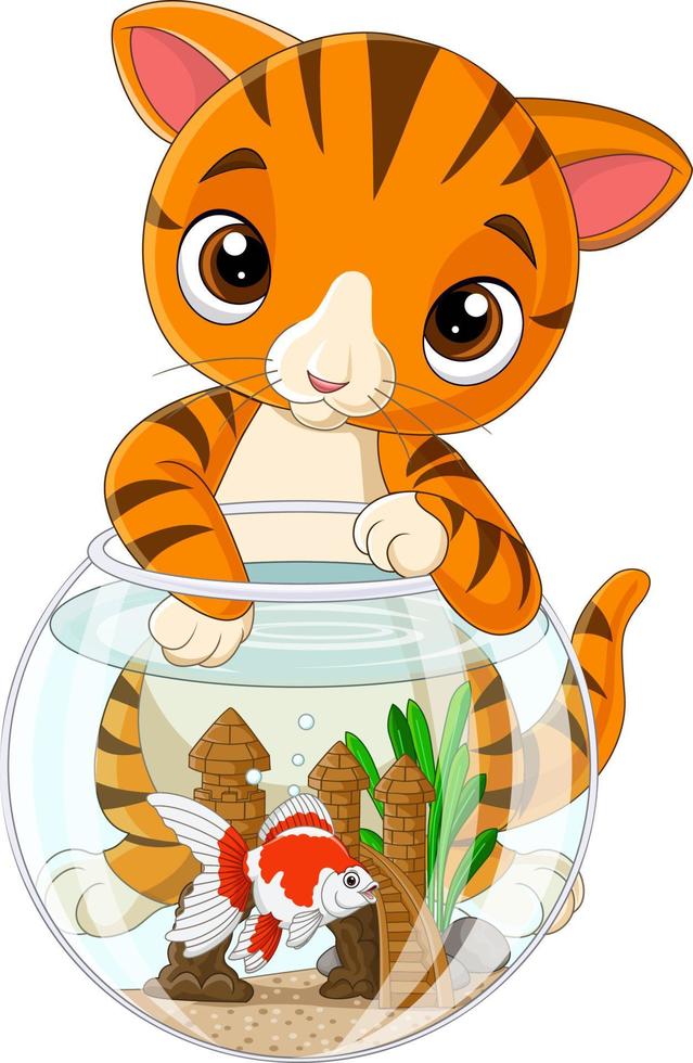 Cartoon striped cat with goldfish in fishbowl vector