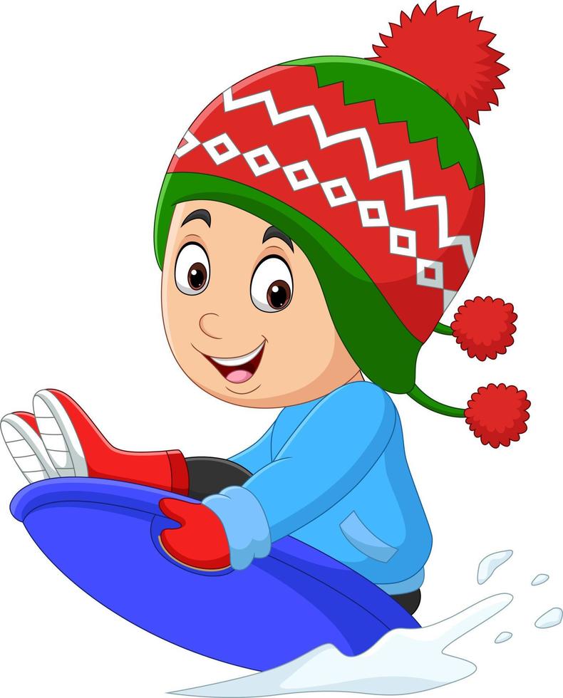 Cartoon little boy sledding down a hill vector