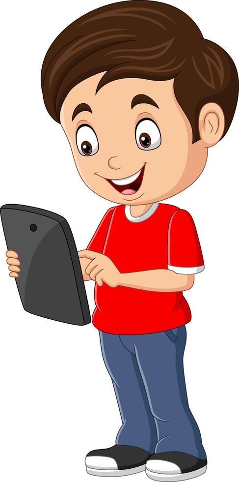 Cartoon happy little boy holding tablet vector
