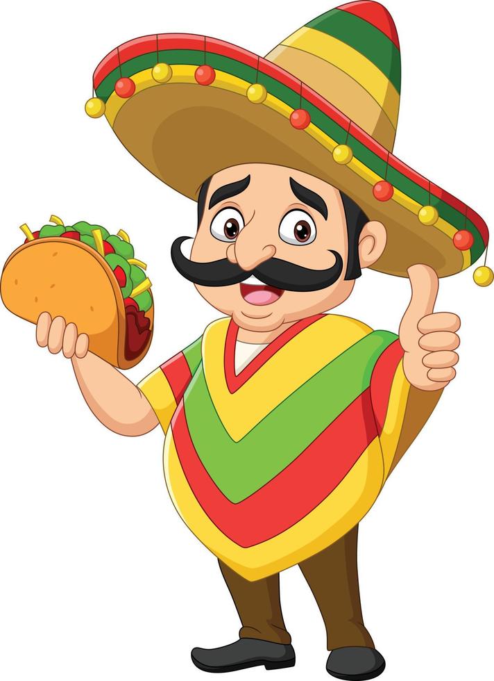 Cartoon mexican man holding taco and giving thumb up vector