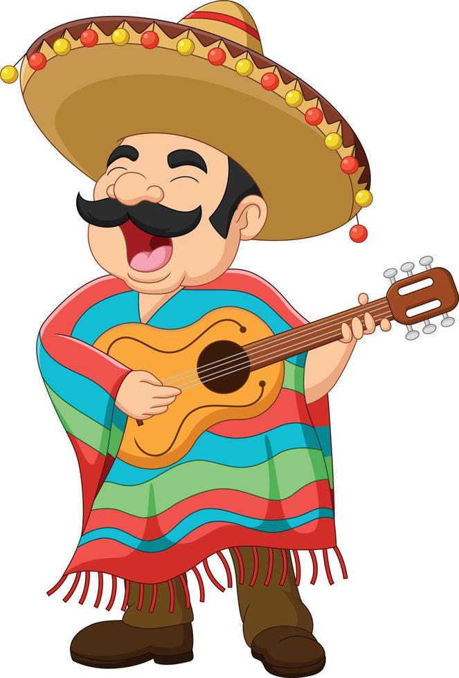 Cartoon Mexican man playing the guitar and singing vector