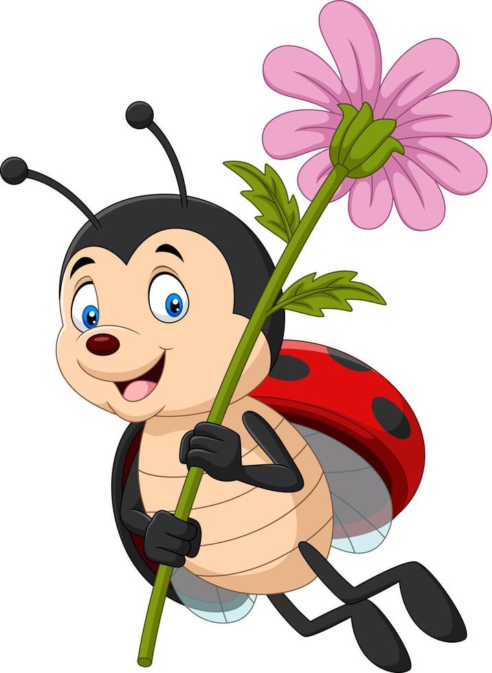 Cartoon cute ladybug holding flower vector