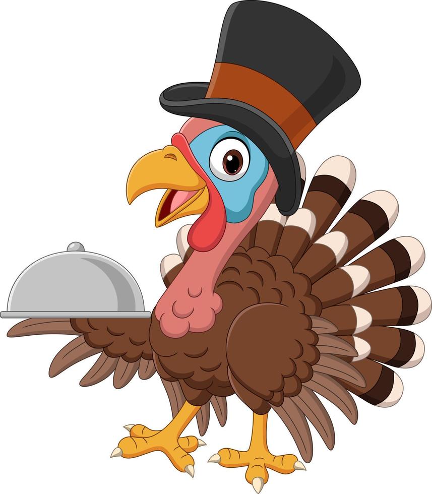 Cartoon turkey bird in pilgrim hat holding a tray vector