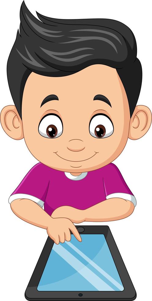 niño feliz de dibujos animados usando tableta vector