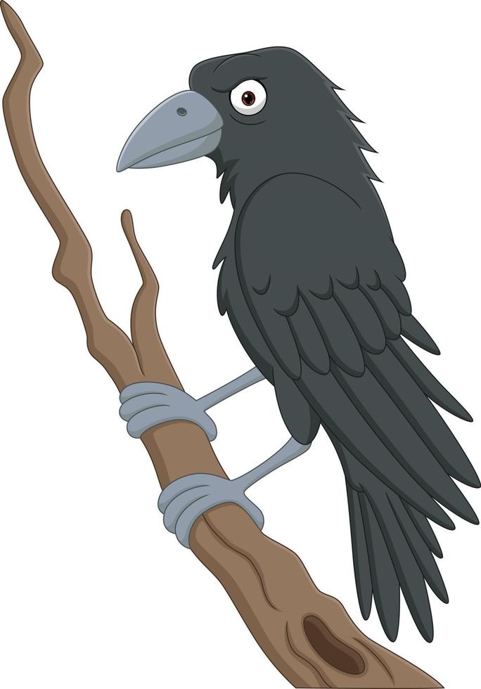 Cartoon crow standing on a tree branch vector