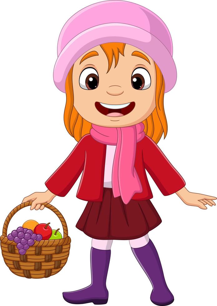 niña de dibujos animados con cesta de frutas vector