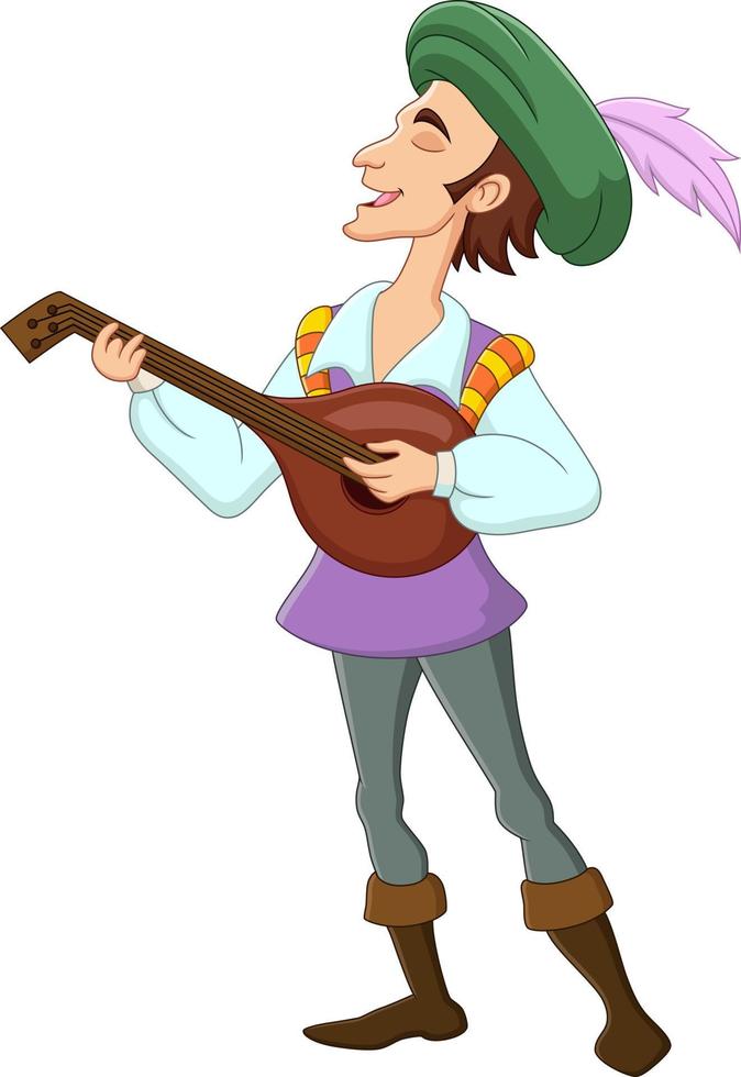 Medieval bard playing musical instrument with lute vector