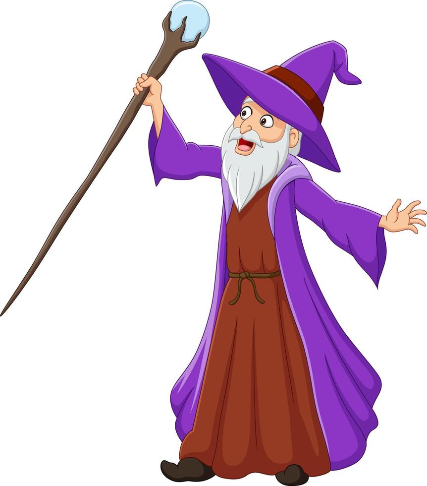 Cartoon old wizard holding magic stick vector