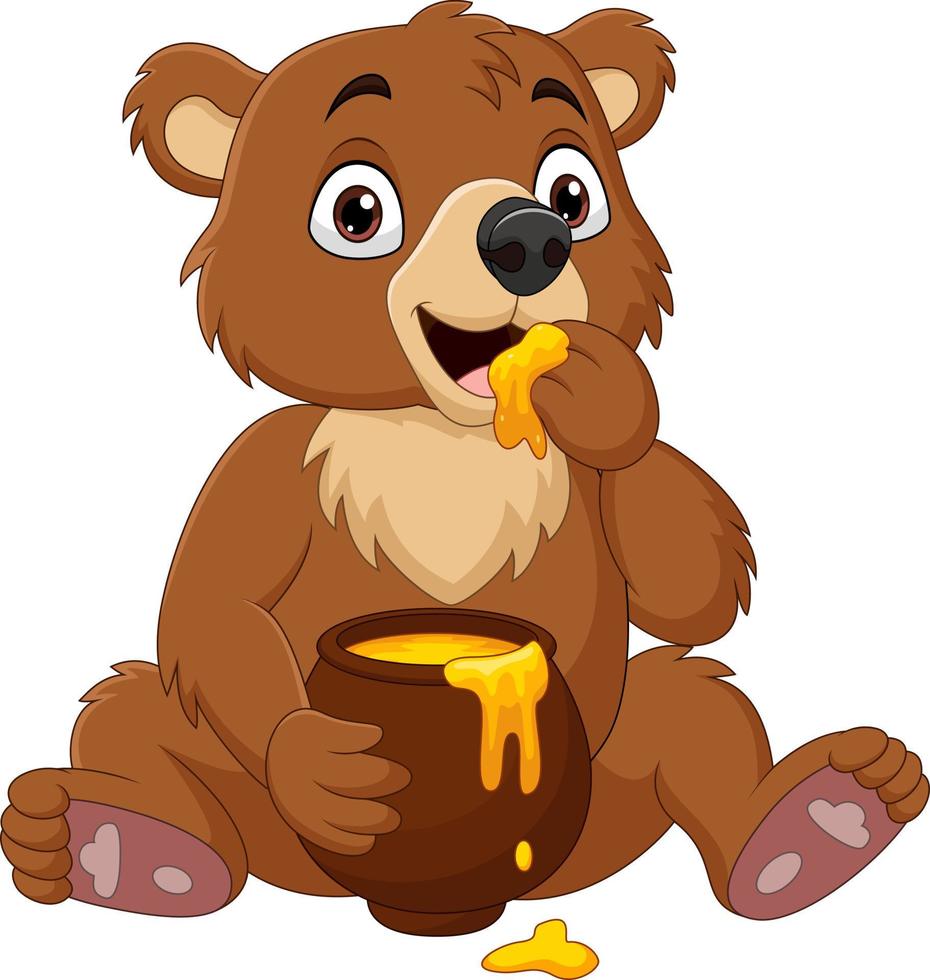 Cartoon baby bear sitting and eating honey from the pot vector