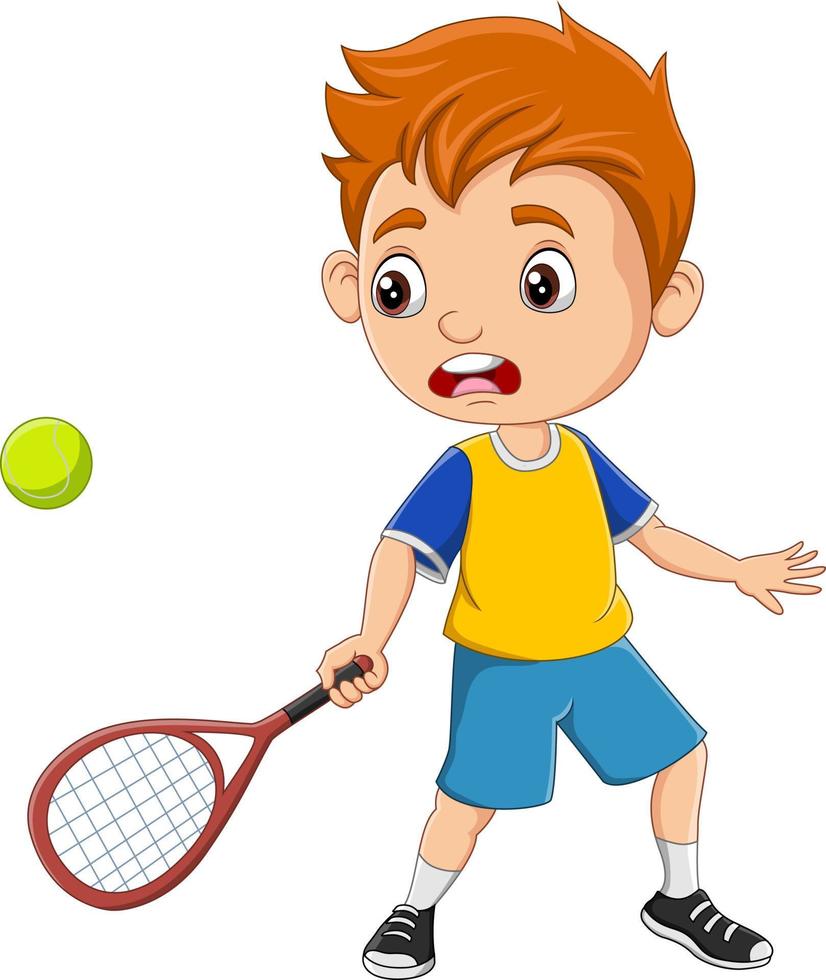 niño pequeño de dibujos animados jugando al tenis vector