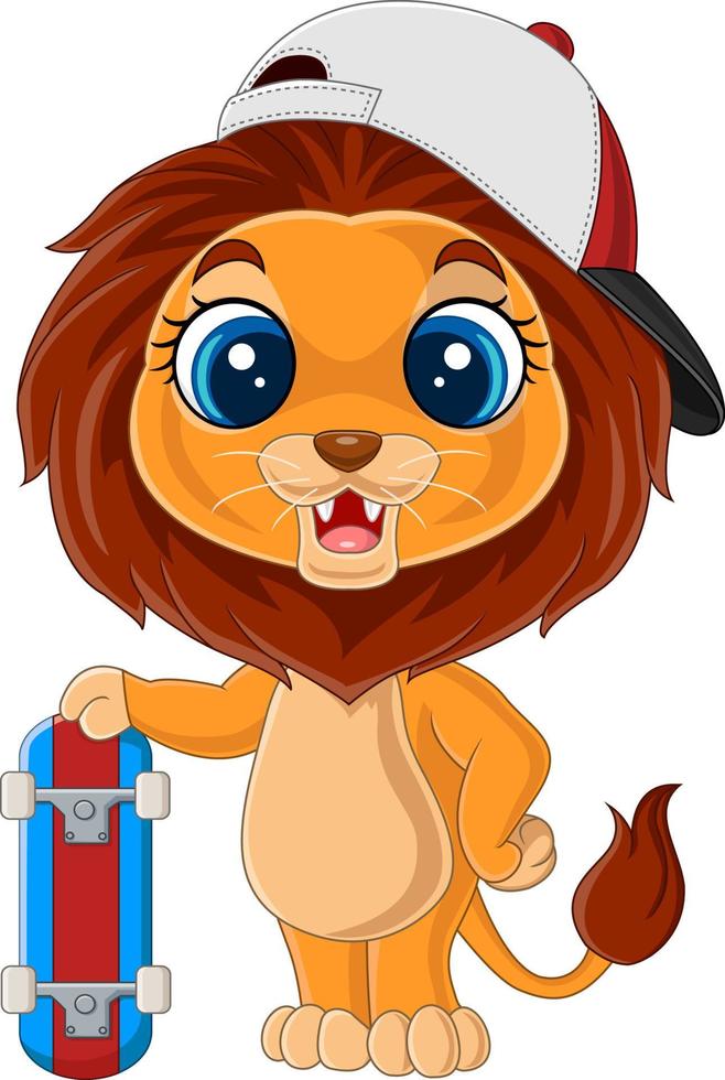 Cartoon little lion holding a skateboard vector