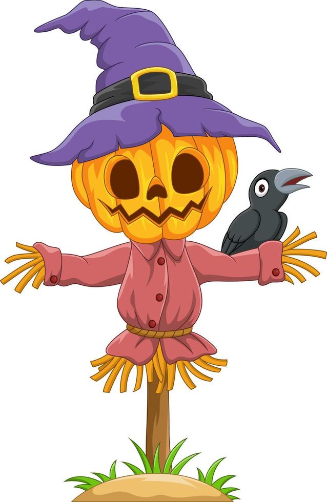 Cartoon halloween pumpkin scarecrow with crow vector