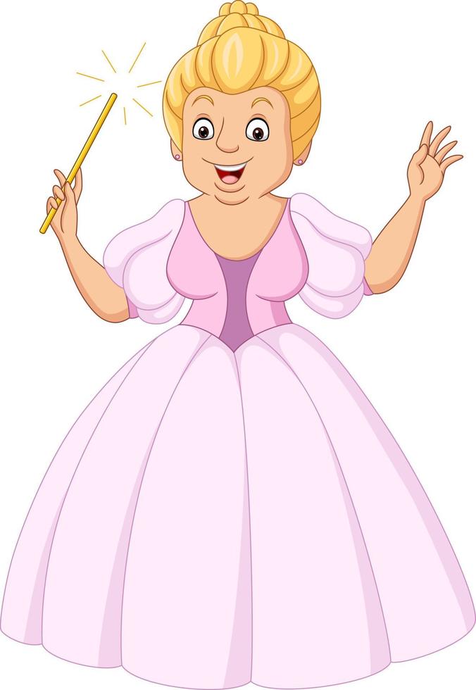 princesa de dibujos animados con vestido rosa sosteniendo una varita mágica vector